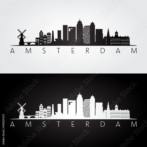 Amsterdam skyline and landmarks silhouette