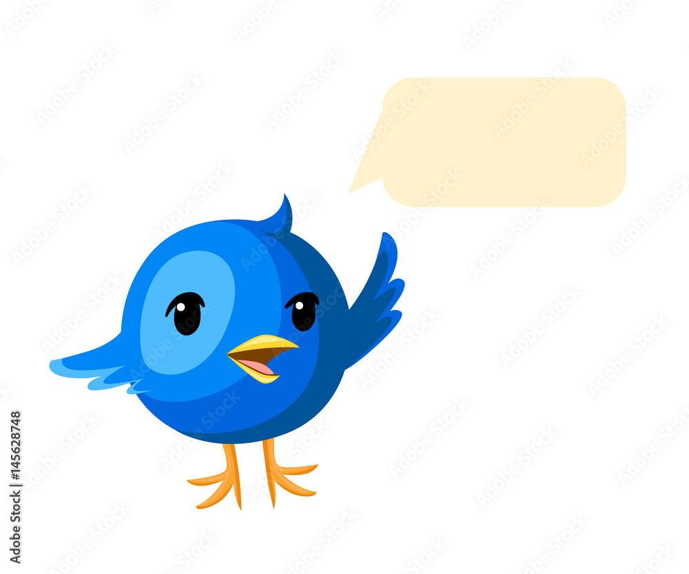 Blue bird on a white background with a dialogue cloud a symbol the character. dark blue lovely baby bird vector flat illustration Blue bird on a white background with a dialogue cloud a symbol the character. dark blue lovely baby bird vector flat illustration
