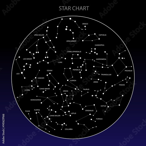Raster illustration. Astronomical chart of hemisphere with names of stars and constellations on black background. Point and curve abstract graphic. Chart with symbols and signs of Zodiac with titles