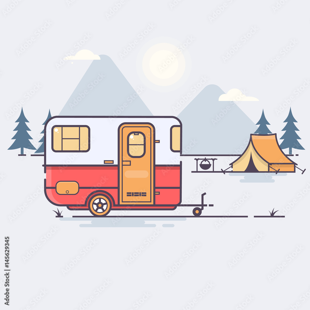 Retro caravan on the forest Travel concept Vector illustration