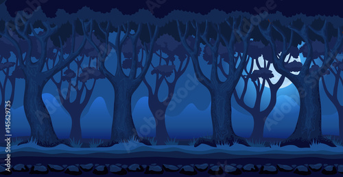 Panorama cartoon background of a forest. Seamless parallax for 2D arcade video game. Mystical landscape in dark blue colors at moonlit night. Glade of grass, trees and mountains far away. Vector 