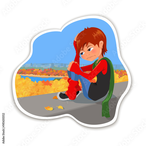 Cartoon very sad teenager girl sitting on the background of the autumn city park. Vector illustration