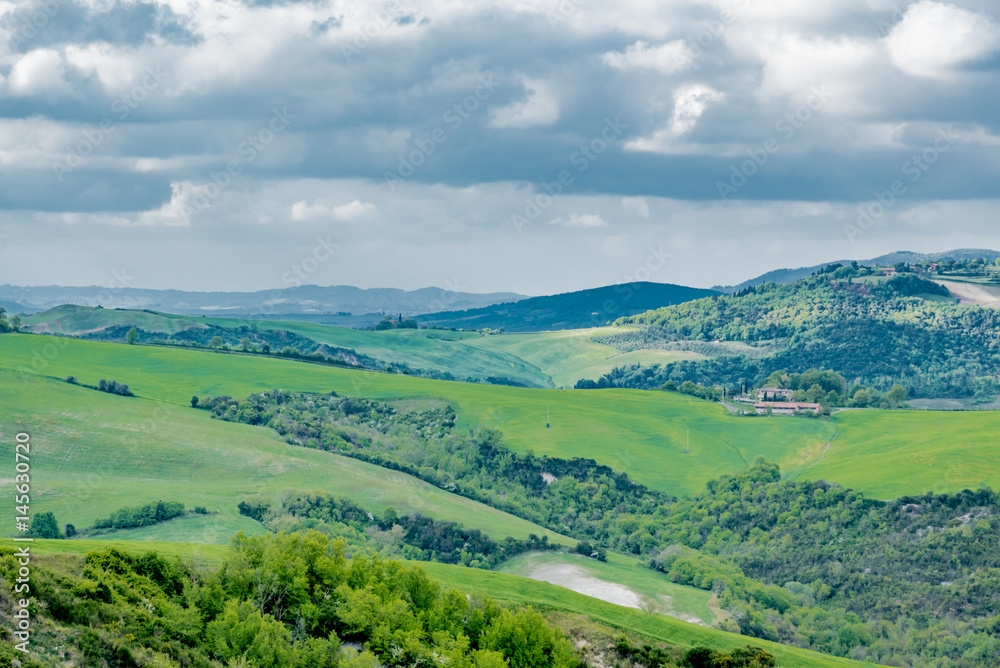 Panorama of Volterra's lands and hills in the spring