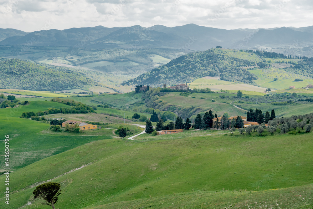 Panorama of Volterra's lands and hills in the spring