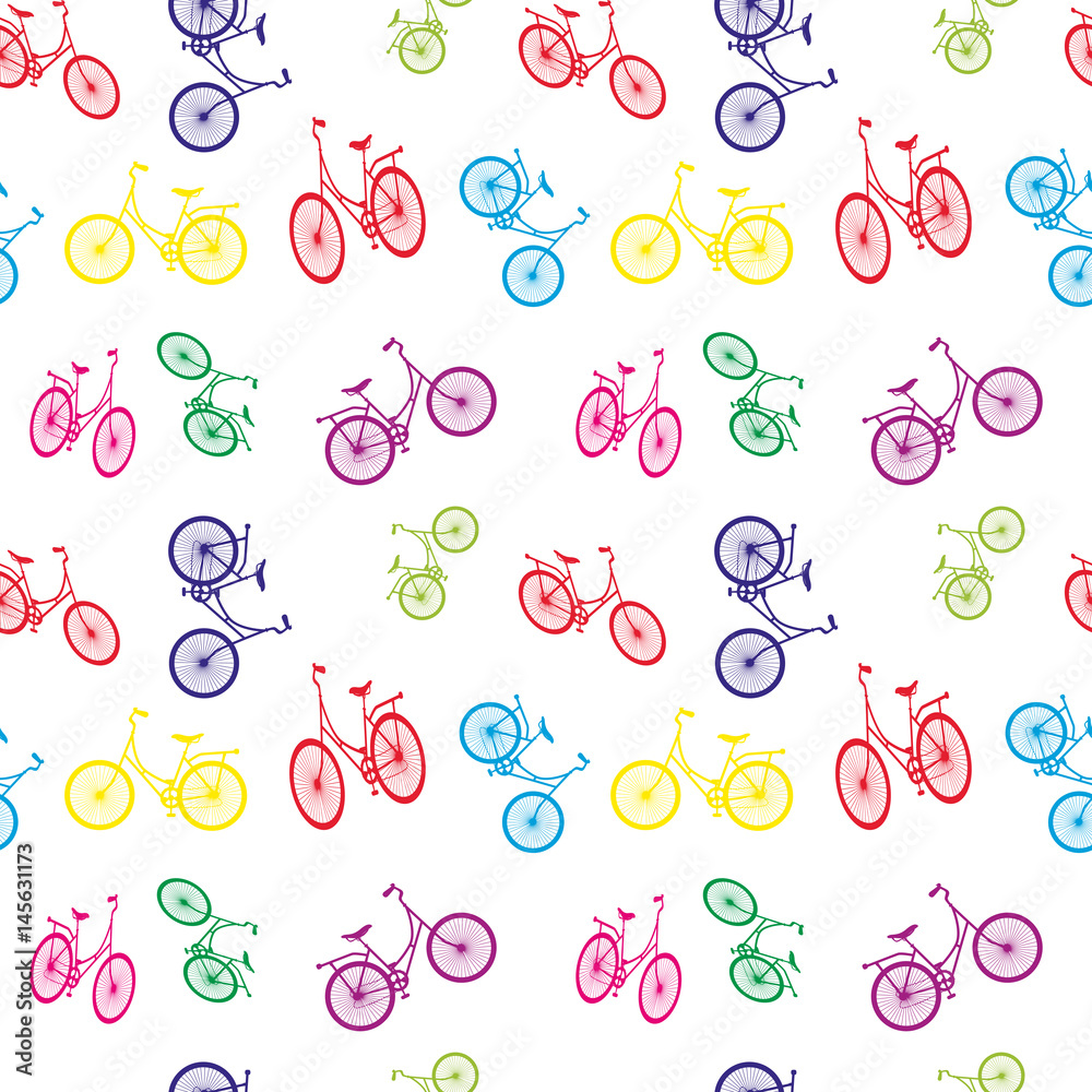 Seamless bicycle pattern. Stylish sporty print. Vector illustration. Multi-colored bicycles background, Can be used for wallpaper, pattern fills, web page background, surface textures, fabric design.
