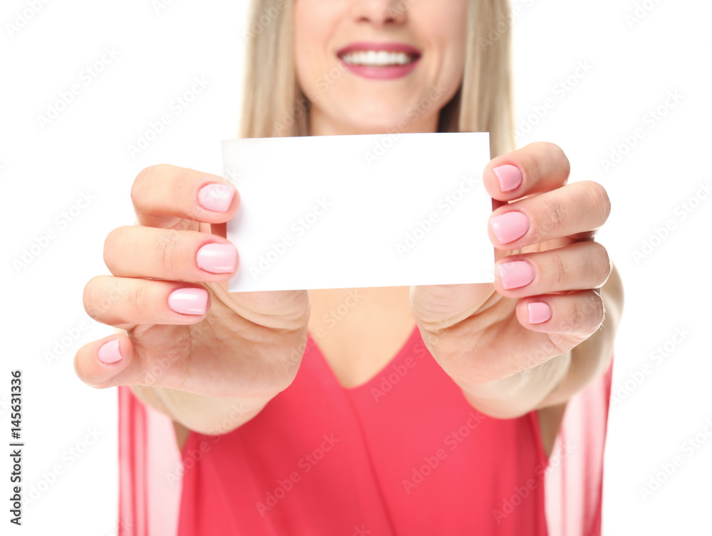 Beautiful young woman with business card on white background, closeup Beautiful young woman with business card on white background, closeup