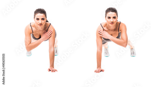 Sport beauty woman do fitness exercises on white background. Woman demonstrate begin and end of plank exercises. Fitness exercises concept.