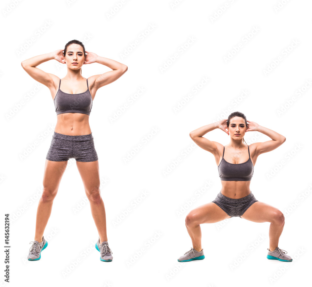 Sport beauty woman do fitness exercises on white background. Woman demonstrate begin and end of exercises. Fitness exercises concept. Sport beauty woman do fitness exercises on white background. Woman demonstrate begin and end of exercises. Fitness exercises concept.