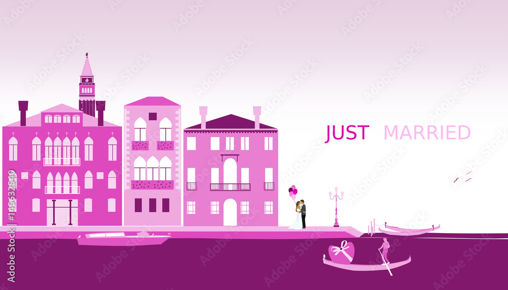 Just married - wedding. Bridal couple in Venice with balloons. Gondola and venetian landscape. Pink shade.