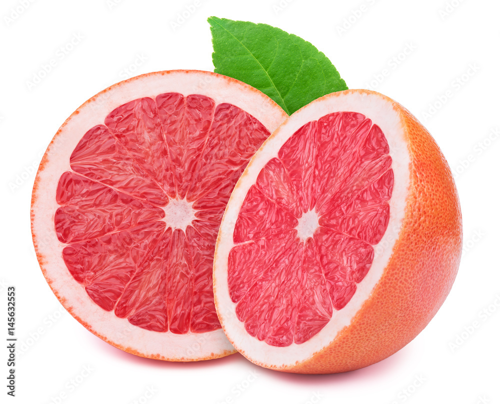 Perfectly retouched sliced halfs of grapefruits with leaf isolated on the white background with clipping path