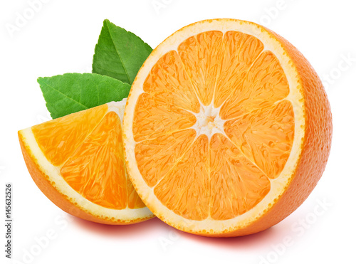 Perfectly retouched half of the orange with slice and leaves isolated on white background with clipping path