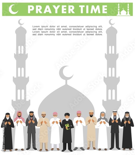 Prayer time. Different standing praying muslim arabic people and mullah in traditional arabian clothes. Mufti with quran. Islamic men with beads in hands pray. Silhouette of a mosque and minarets.