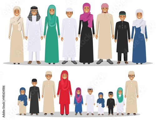Family and social concept. Group muslim arabian children standing together in row in different traditional islamic clothes on white background in flat style. Arabic young people. Vector illustration.