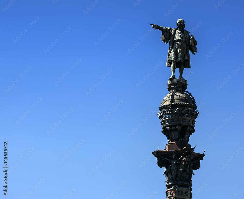 Top of the Columbus Monument (Mirador de Colom) in Barcelona, Catalonia, Spain. Bronze statue by Rafael Atche. Top of the Columbus Monument (Mirador de Colom) in Barcelona, Catalonia, Spain. Bronze statue by Rafael Atche.