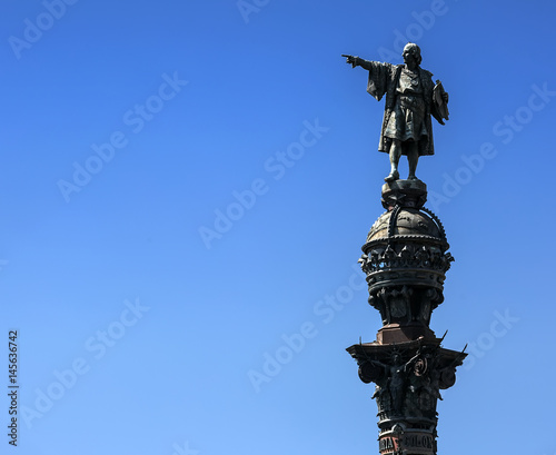 Top of the Columbus Monument (Mirador de Colom) in Barcelona, Catalonia, Spain. Bronze statue by Rafael Atche.