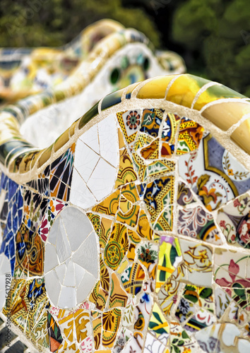 Photography Detail of colorful mosaic work on the main terrace of Park Guell