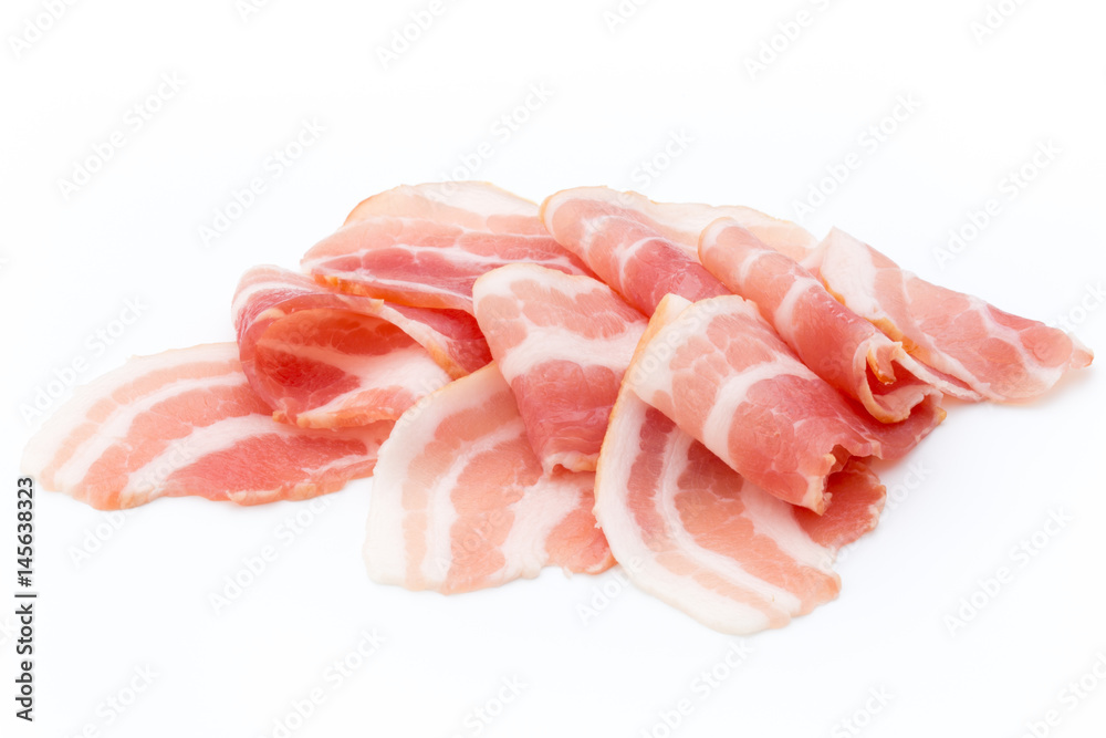 Bacon isolated on white background. Delikatese food. Bacon isolated on white background. Delikatese food.