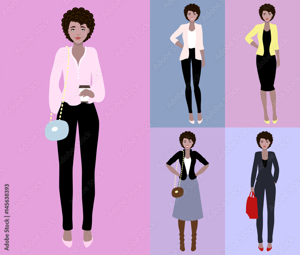 Flat vector illustration of a beautiful young woman with dark hair. Young woman dressed in casual and business style Flat vector illustration of a beautiful young woman with dark hair. Young woman dressed in casual and business style