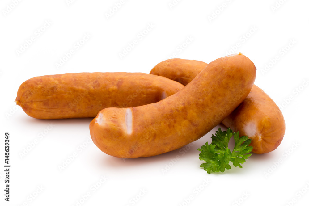Sausage and spices isolated on white background, fresh delicious frankfurter.