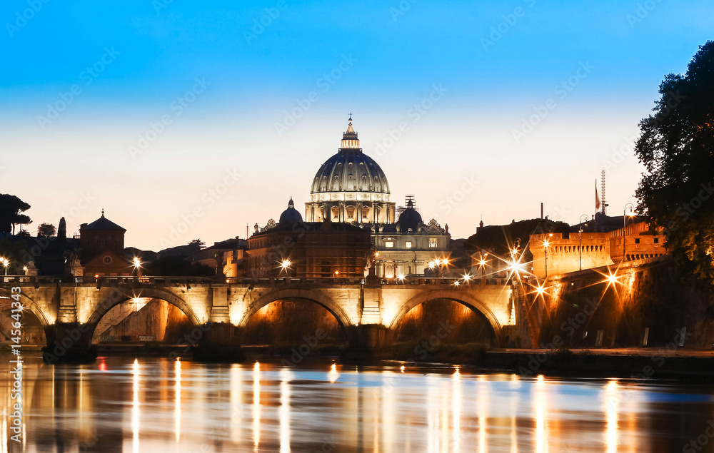 The Saint Peter's Basilica after sunset, Rome,Italy.