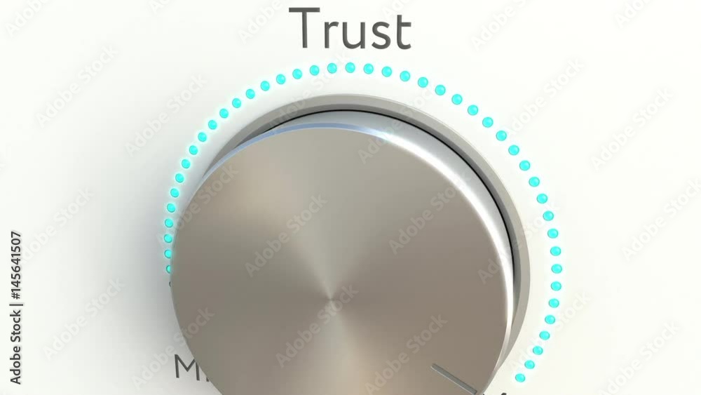 Rotating knob with trust inscription. Conceptual 4K clip