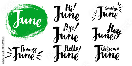 Hello - bye June summer calligraphic set. Vector isolated illustration: brush calligraphy, hand lettering. For calendar, schedule, diary, journal, postcard, label, sticker and decor.