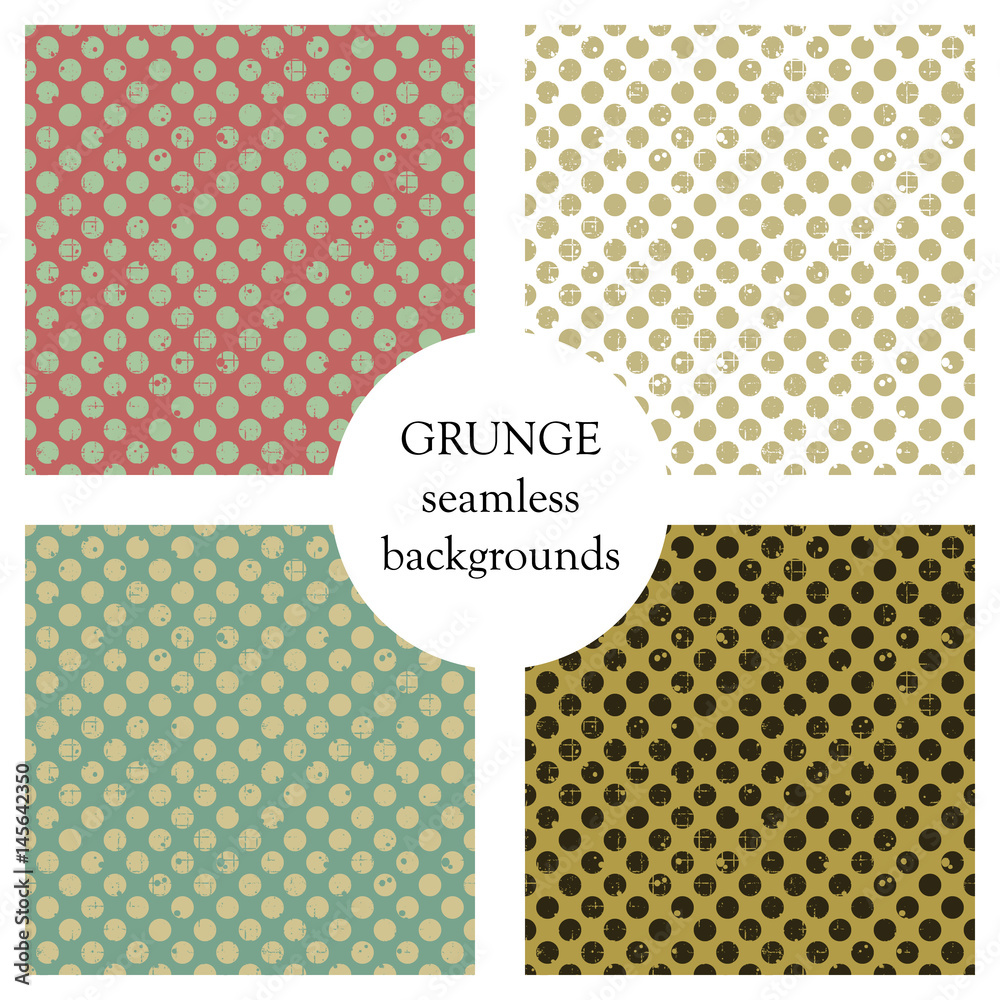© Valentain Jevee - Set of seamless vector patterns. Geometric polka backgrounds with dots. Grunge texture with attrition, cracks and ambrosia. Old style vintage design. Graphic illustration. © Valentain Jevee - Set of seamless vector patterns. Geometric polka backgrounds with dots. Grunge texture with attrition, cracks and ambrosia. Old style vintage design. Graphic illustration.