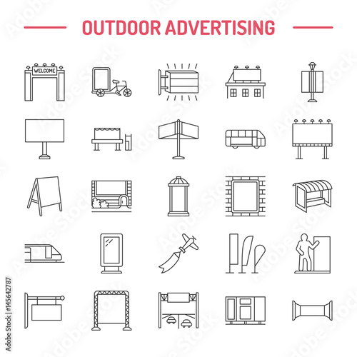 Outdoor advertising, commercial and marketing flat line icons. Billboard, street signboard, transit ads, posters banner and other promotion design element. Grey color. Trade objects thin linear sign.