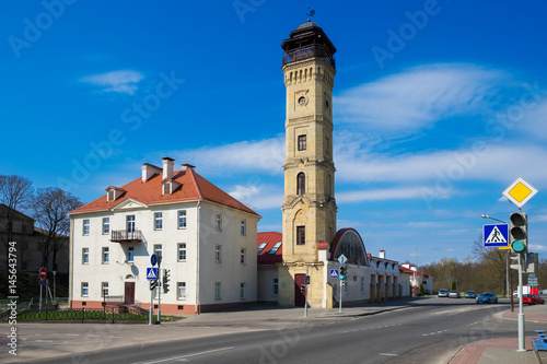 Vintage Central Fire tower and Fire Station Building. Grodno, Belarus.