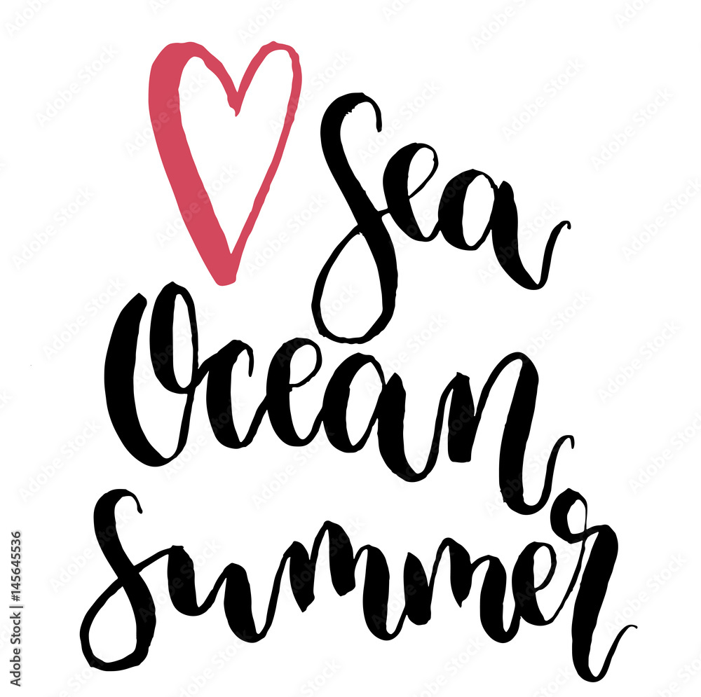 Vector Love sea, ocean, summer lettering. Hand drawn text calligraphy card isolated on white background. For design or print Vector Love sea, ocean, summer lettering. Hand drawn text calligraphy card isolated on white background. For design or print