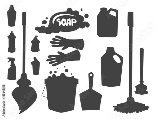 Cleanser bottle chemical housework product care wash equipment cleaning silhouette vector illustration.