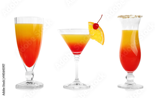 Tequila sunrise cocktails, isolated on white