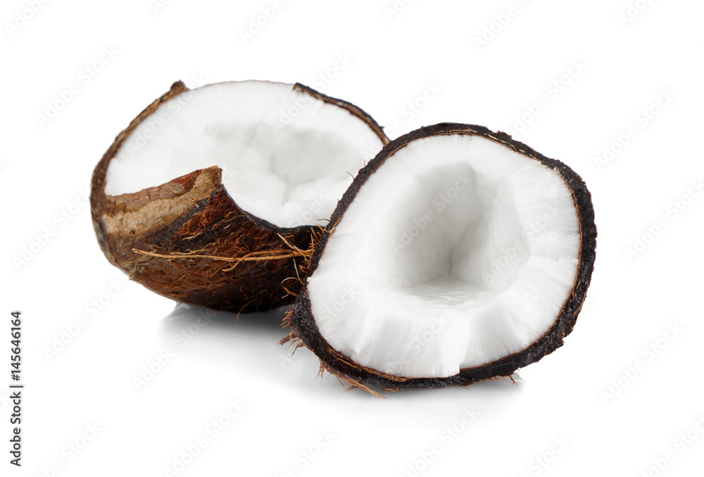 Delicious coconut halves on white background Delicious coconut halves on white background