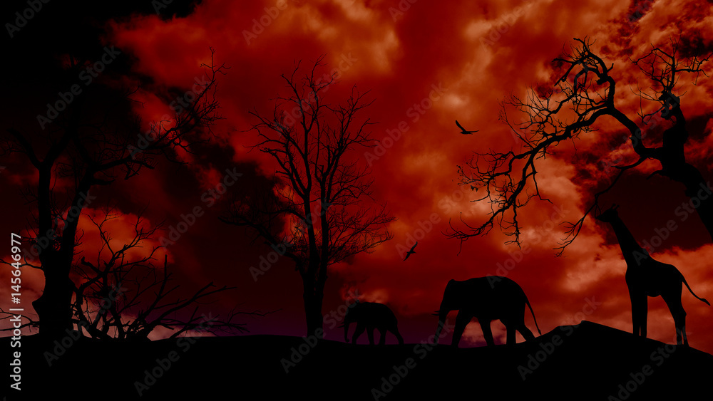 Safari background with elephant and giraffe silhouette