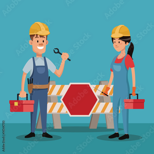 couple people worker construction uniform tools labor day vector illustration