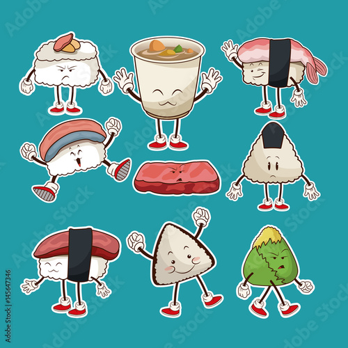 kawaii oriental food roll sushi soup ramen seafood collection vector illustration