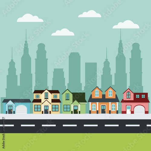 houses private facade city road buildings vector illustration