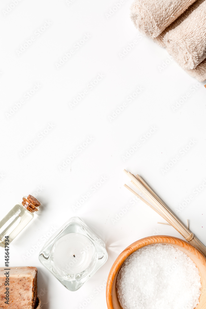 Aromatherapy SPA set with salt and natural oil white background top view mockup Aromatherapy SPA set with salt and natural oil white background top view mockup