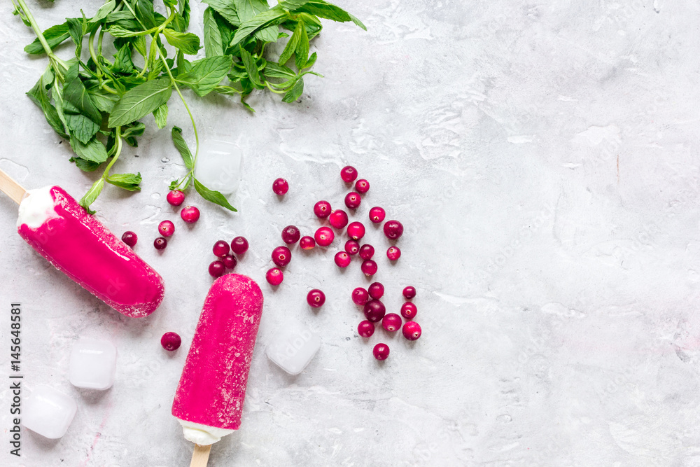 homemade ice-cream with cowberry and mint stone table background top view mockup homemade ice-cream with cowberry and mint stone table background top view mockup
