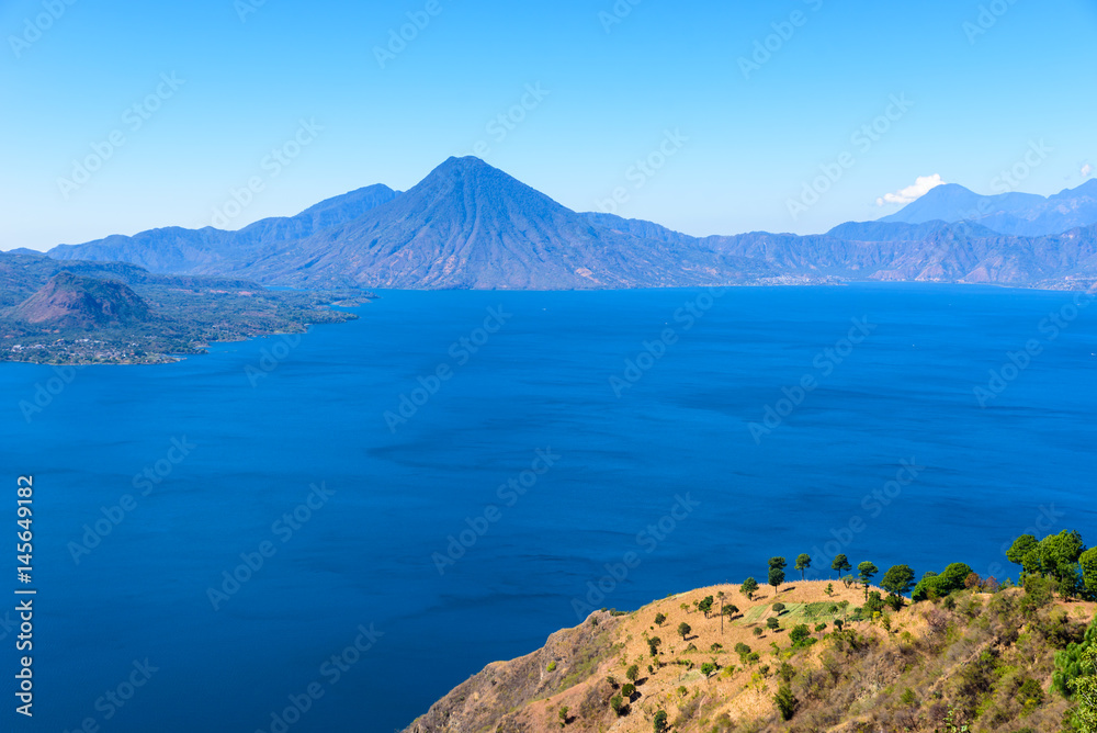 Panorama view of the lake Atitlan and volcanos  in the highlands of Guatemala