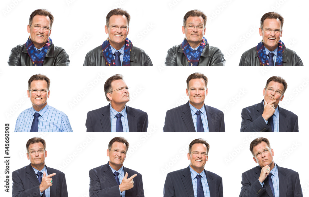 Set of Hansome Mixed Race MIddle Aged Businessman with a Variety of Expressions On White Set of Hansome Mixed Race MIddle Aged Businessman with a Variety of Expressions On White