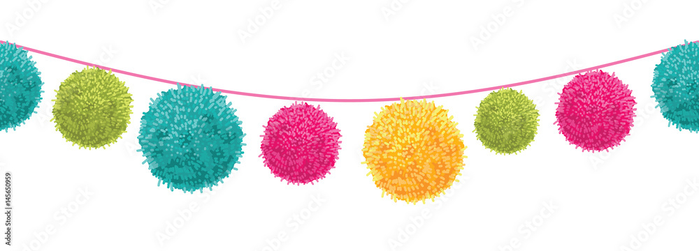 Vector Colorful Happy Birthday Party Pom Poms Set On A String Horizontal Seamless Repeat Border Pattern. Great for handmade cards, invitations, wallpaper, packaging, nursery designs. - obrazy, fototapety, plakaty 