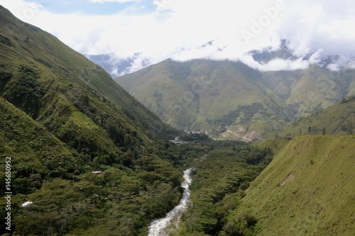 View of the mountains and beautiful valley from a Zip line near Santa Theresa in the Peruvian Mountains. 