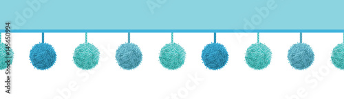Vector Baby Boy Blue Decorative Pom Poms With Ropes Horizontal Seamless Repeat Border Pattern. Great for nursery room, handmade cards, invitations, wallpaper, packaging, baby girl designs.