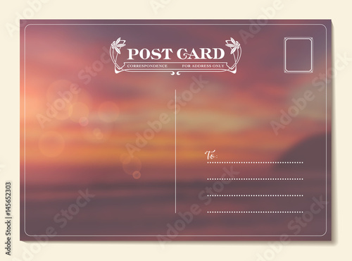 summer, beach and ocean vector postcard with blurred seascape at sunset background and lensflares, DIN side ratio