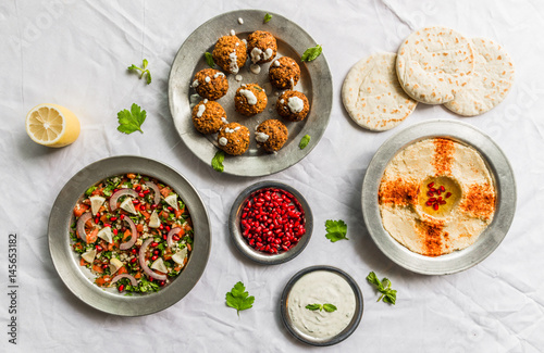 Selection of traditional Arab and Jewish food, selective focus. Healthy food, fitness, and sport diet concept.