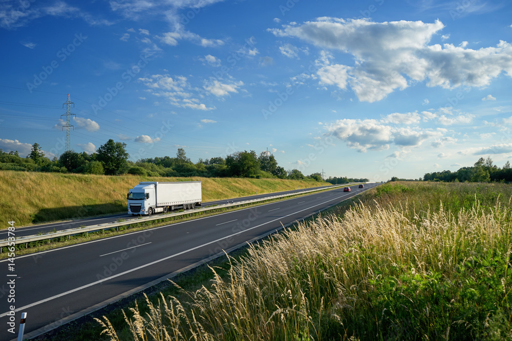 Asphalt highway with a moving white truck between meadows with high grass