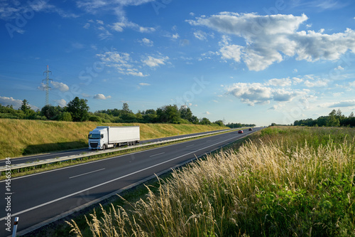 Obraz na płótnie Asphalt highway with a moving white truck between meadows with high grass w salonie