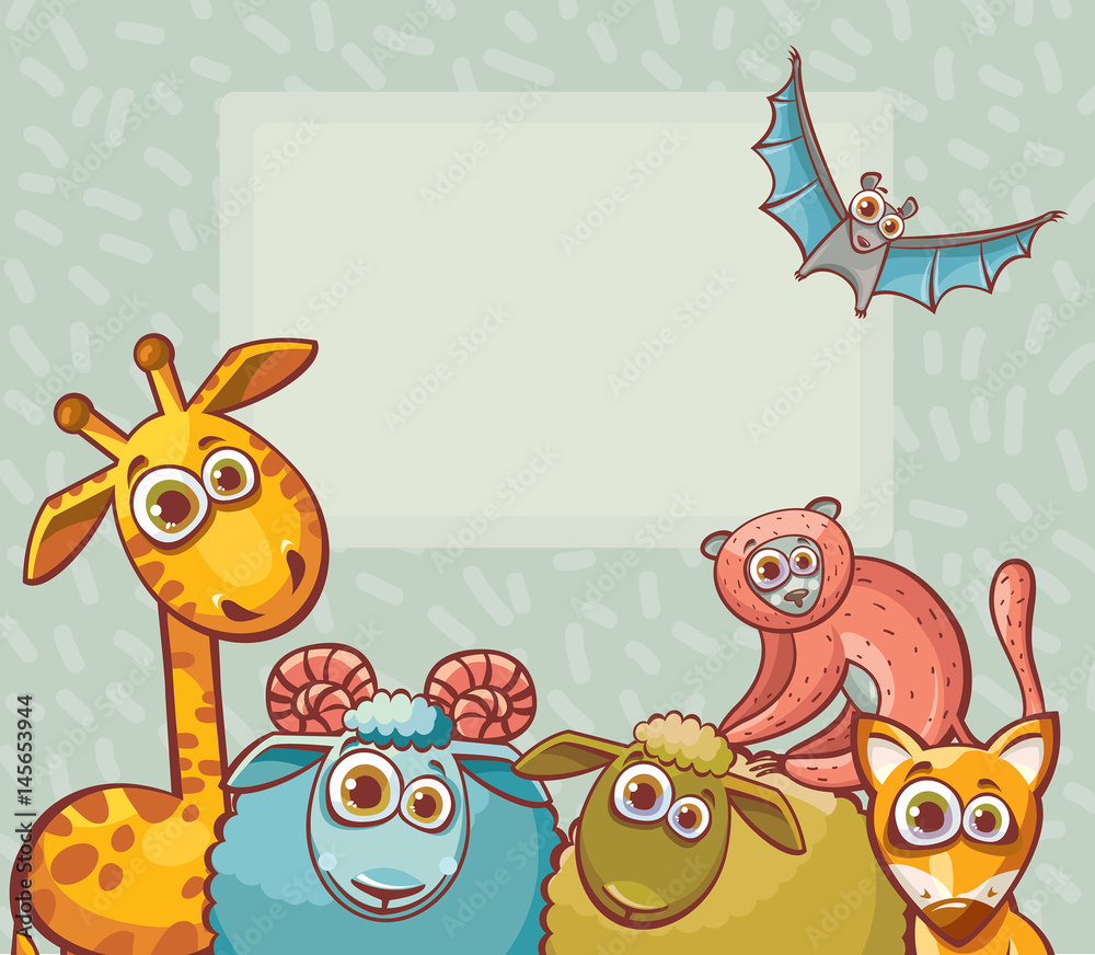 Fototapeta premium Cartoon animal - giraffe, bat, ram, sheep, lemur and fox.