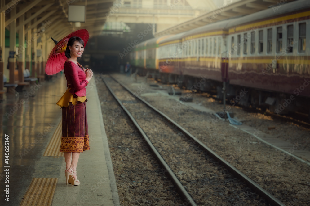 Laos woman is tourism in Hua Lamphong Train station Bangkok Thailand